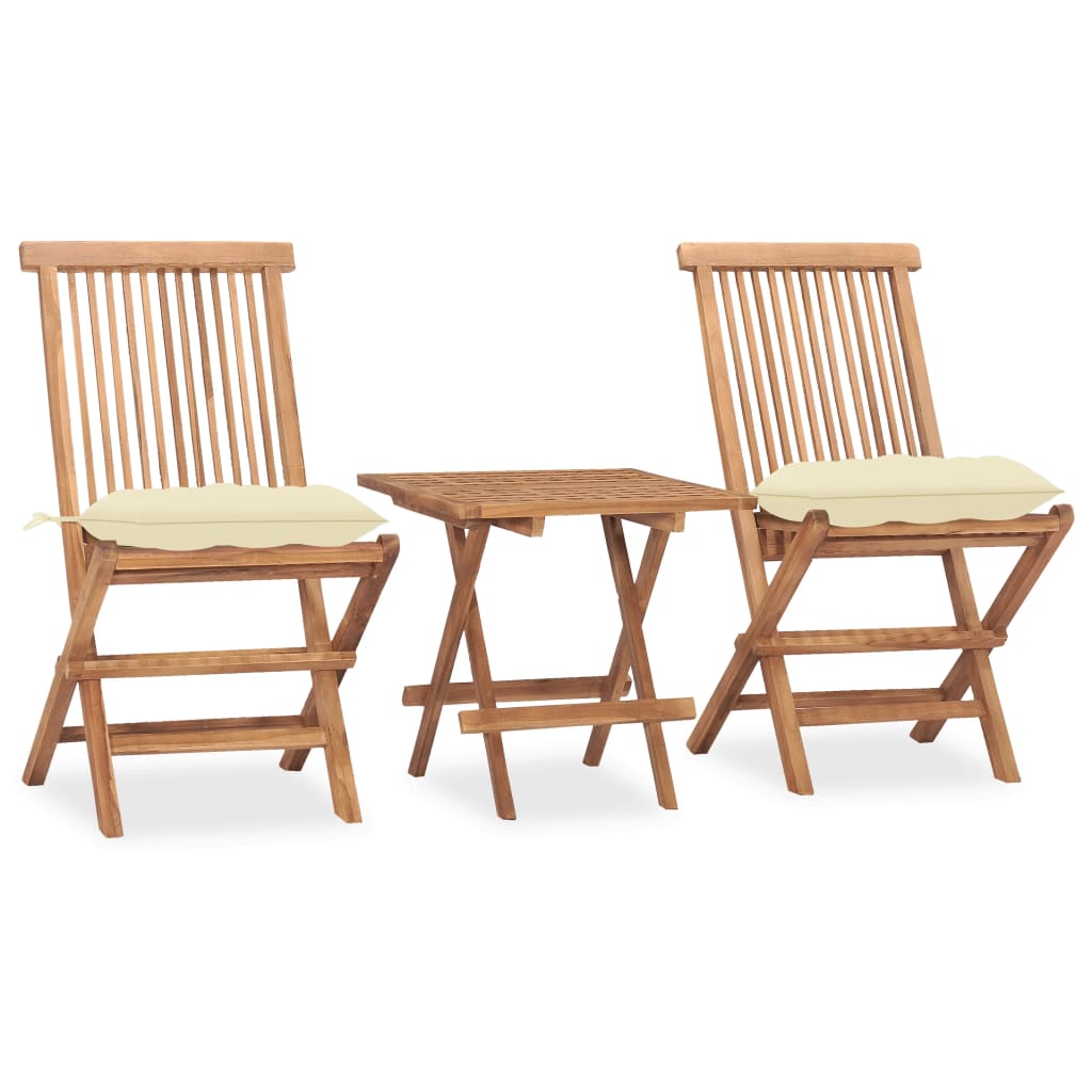 3-piece garden dining set with cushions, foldable, solid teak wood