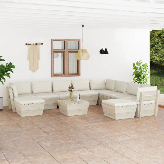 11-piece garden sofa set made of pallets with spruce wood cushions