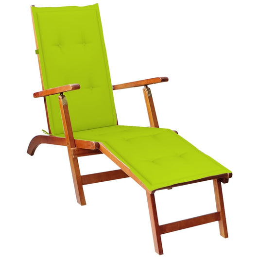 Deck chair with footrest and cushion made of solid acacia wood