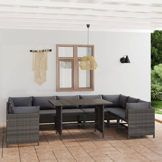 10-piece garden lounge set with cushions poly rattan grey