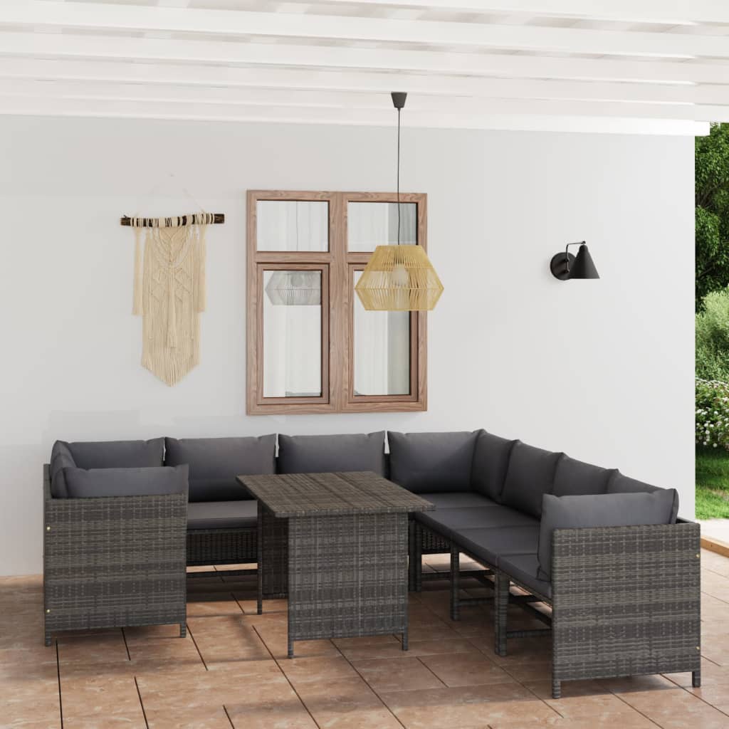 9-piece garden lounge set with cushions poly rattan grey