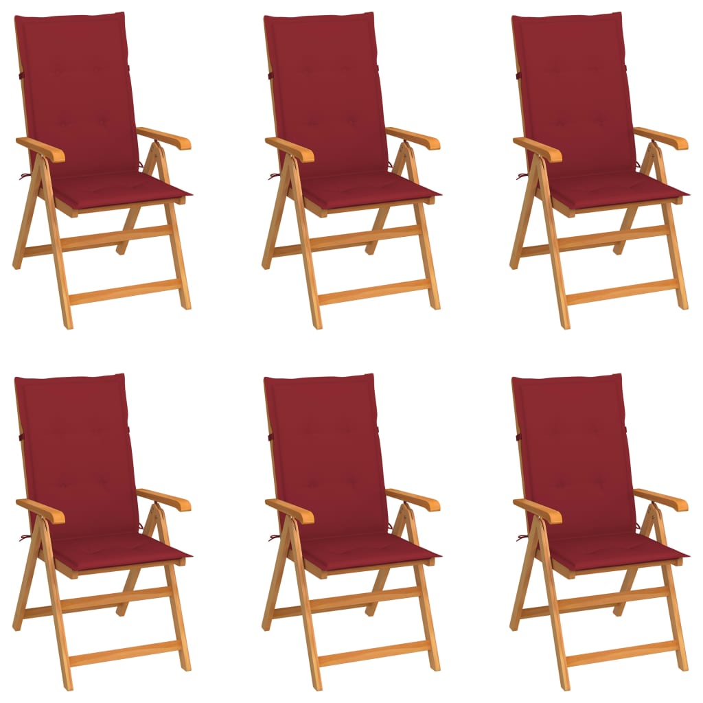 Garden chairs 6 pcs with wine red cushions solid teak wood