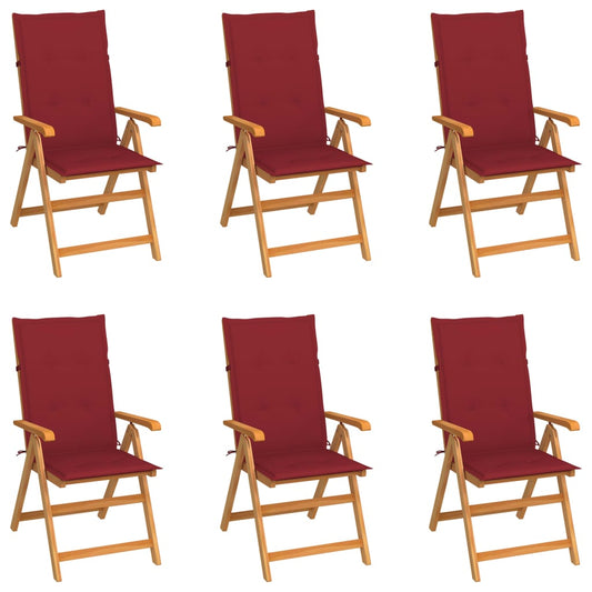 Garden chairs 6 pcs with wine red cushions solid teak wood