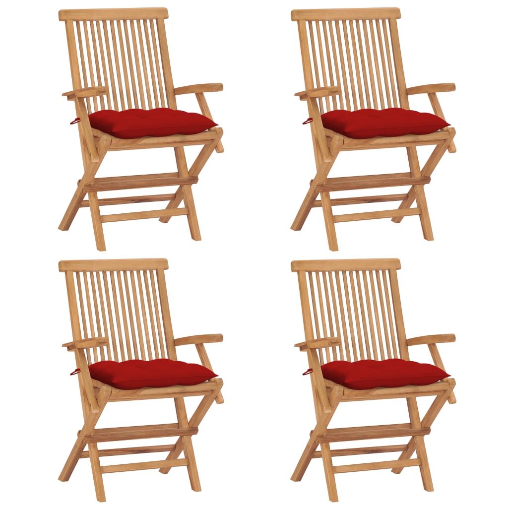 Garden chairs with red cushions 4 pcs. Solid teak wood