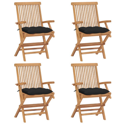 Garden chairs with black cushions 4 pcs. Solid teak wood