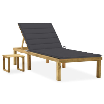 Garden sun lounger with table and cushion pine impregnated