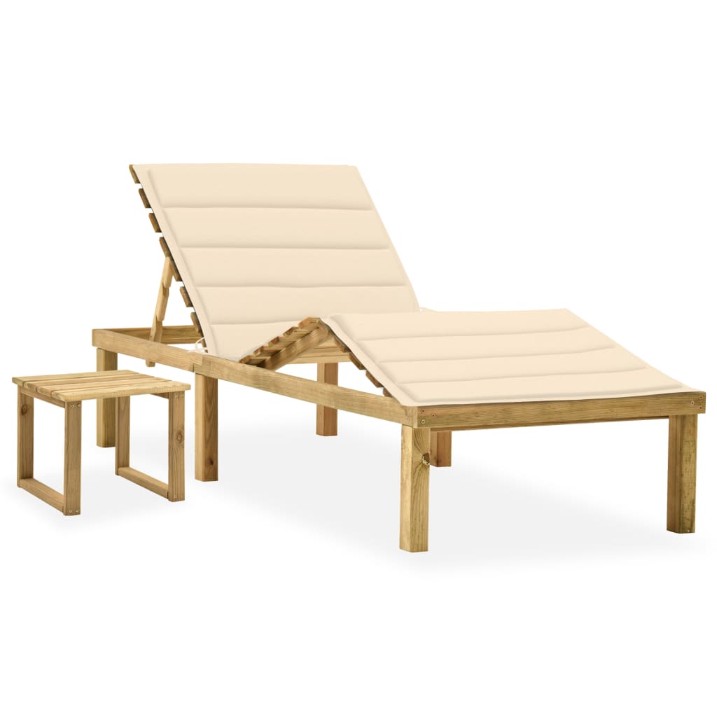 Garden sun lounger with table and cushion pine impregnated