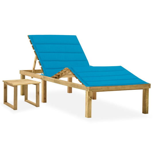 Garden sun lounger with table and cushion pine impregnated