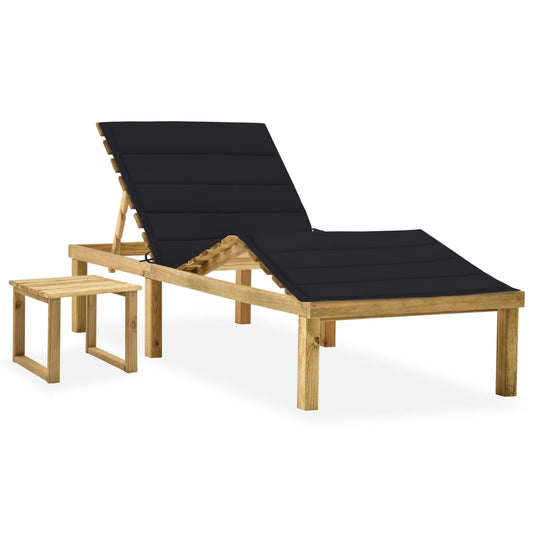 Garden sun lounger with table and cushion pine impregnated