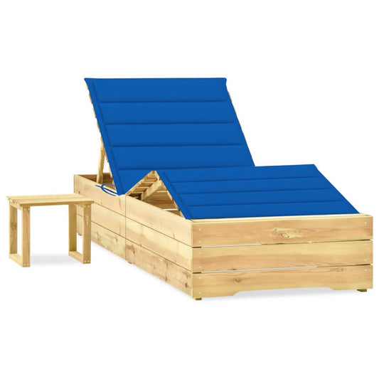 Garden sun lounger with table and cushion pine impregnated