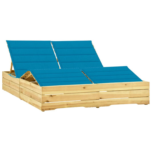 Double sun lounger with blue cushions pine impregnated