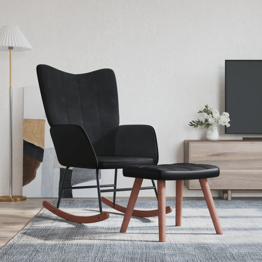 Rocking chair with stool black velvet and PVC