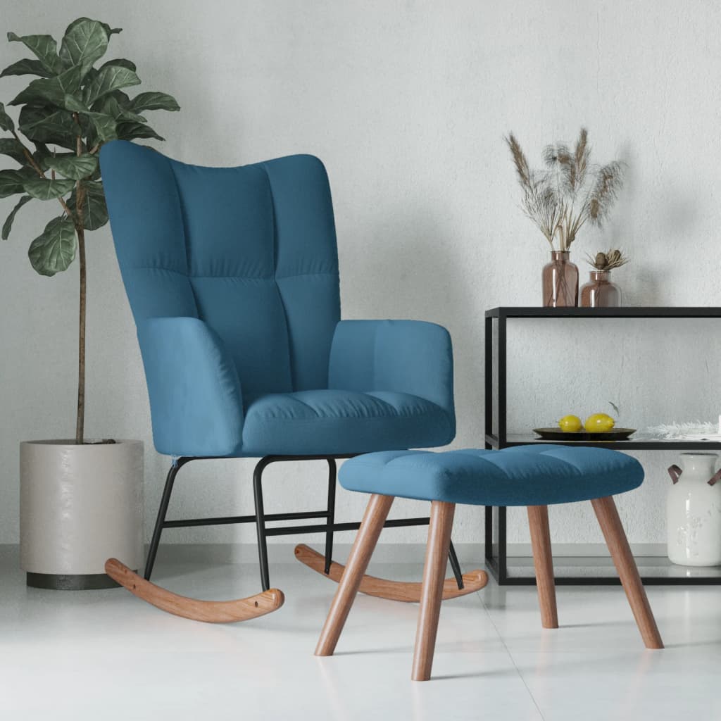 Rocking chair with stool velvet blue