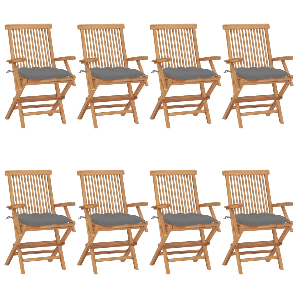 Garden chairs with grey cushions 8 pcs. Solid teak wood