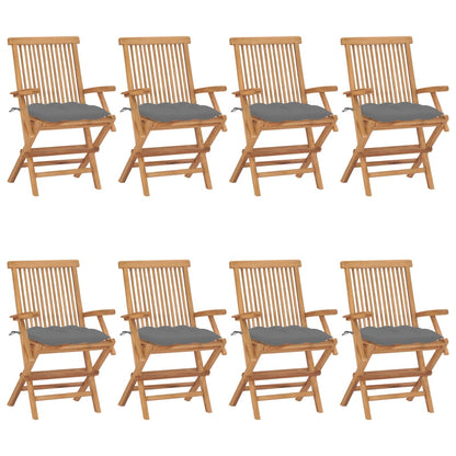 Garden chairs with grey cushions 8 pcs. Solid teak wood