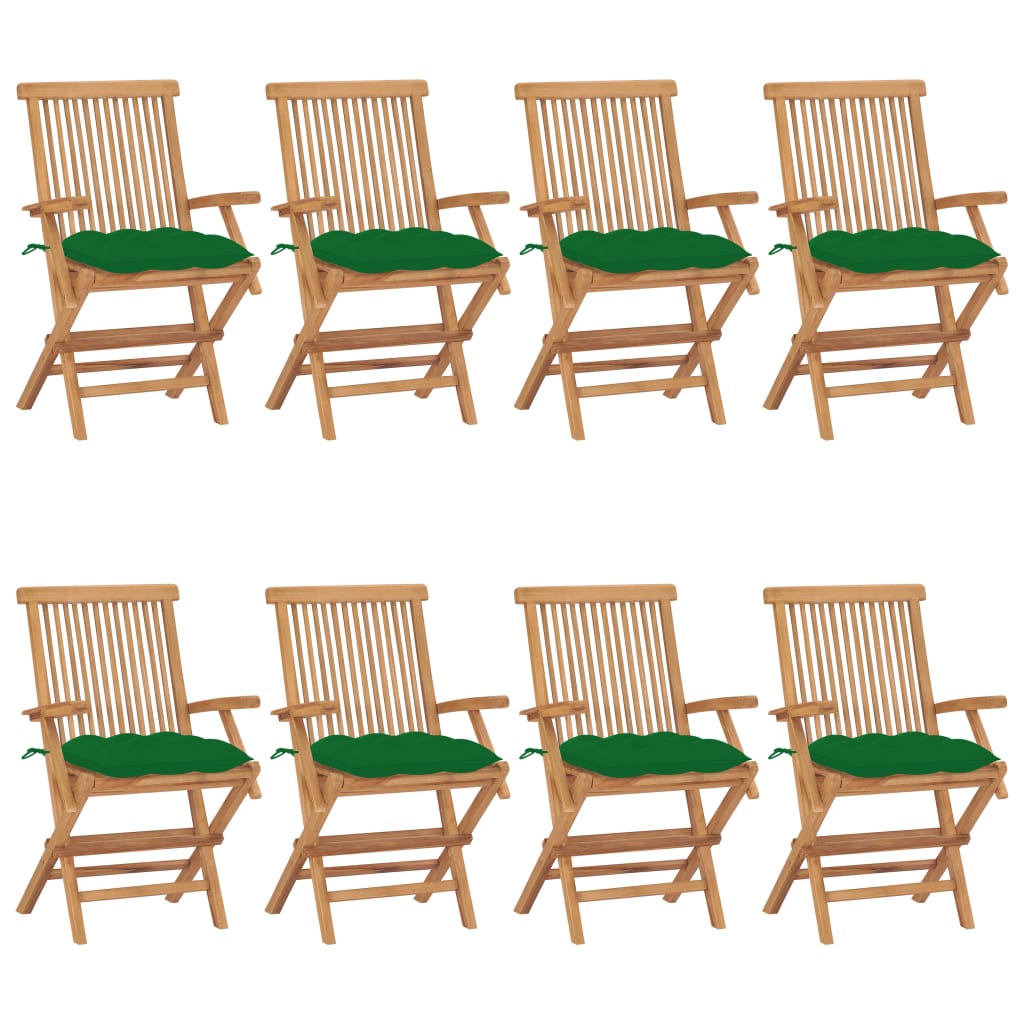 Garden chairs with green cushions 8 pcs. Solid teak wood