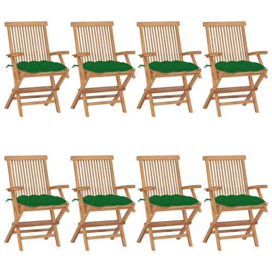 Garden chairs with green cushions 8 pcs. Solid teak wood