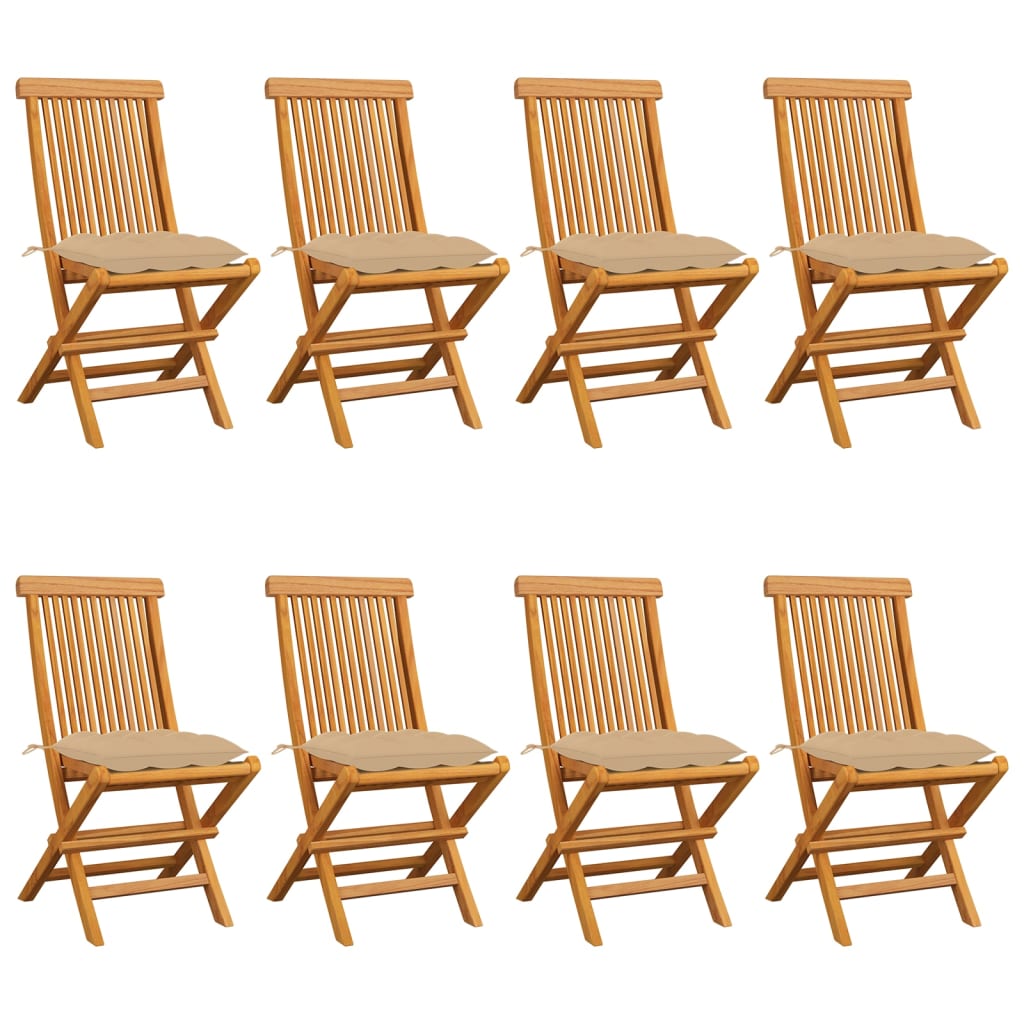 Garden chairs with beige cushions 8 pcs. Solid teak wood