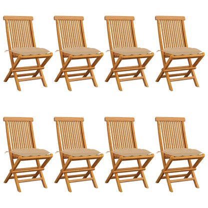 Garden chairs with beige cushions 8 pcs. Solid teak wood