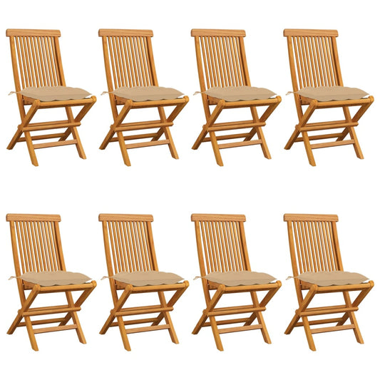 Garden chairs with beige cushions 8 pcs. Solid teak wood