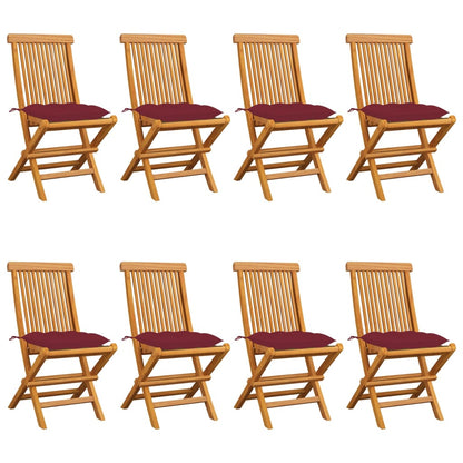 Garden chairs with wine red cushions 8 pcs. Solid teak wood