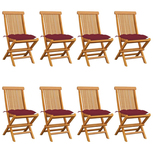 Garden chairs with wine red cushions 8 pcs. Solid teak wood