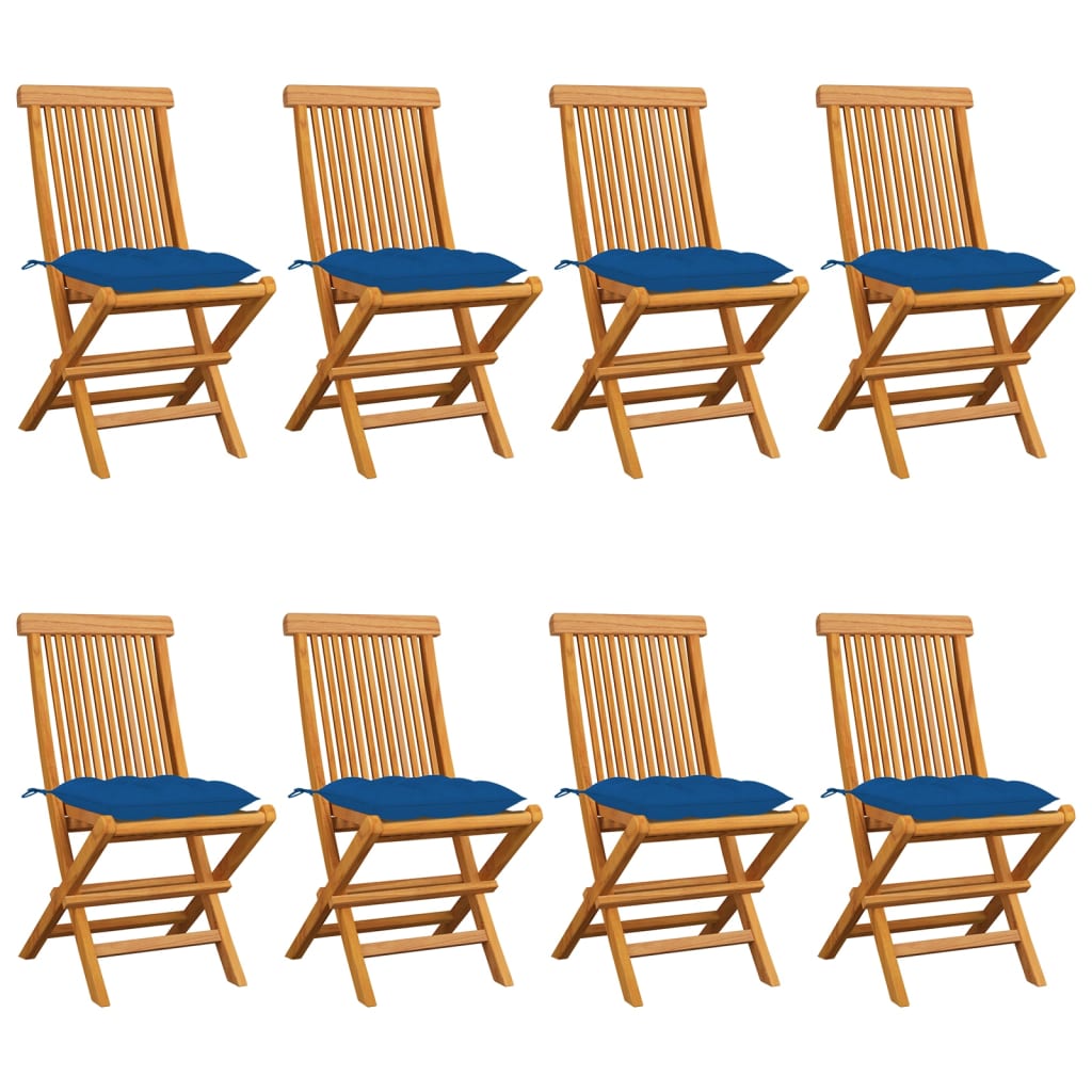 Garden chairs with blue cushions 8 pcs. Solid teak wood