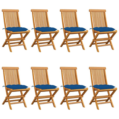 Garden chairs with blue cushions 8 pcs. Solid teak wood