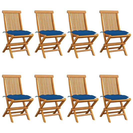 Garden chairs with blue cushions 8 pcs. Solid teak wood