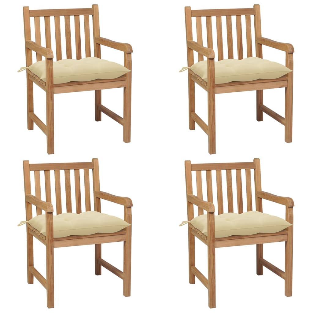 Garden chairs 4 pcs with cream white cushions solid teak wood