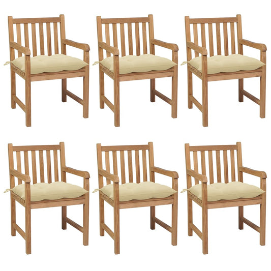 Garden chairs 6 pcs with cream white cushions solid teak wood