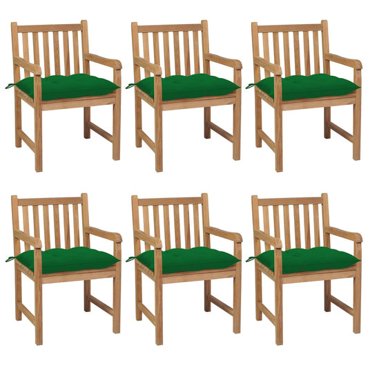 Garden chairs 6 pcs with green cushions solid teak wood