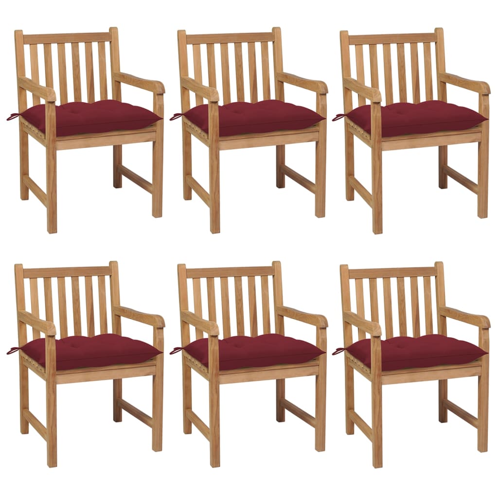 Garden chairs 6 pcs with wine red cushions solid teak wood