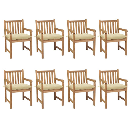 Garden chairs 8 pcs with cream white cushions solid teak wood