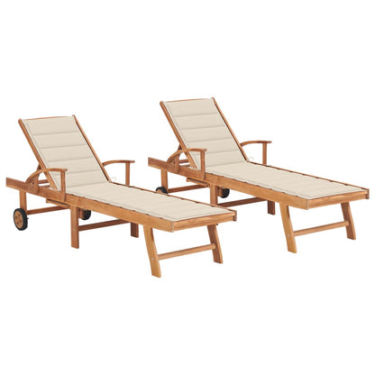 Sonnenliegen 2 Stk. mit Creme Auflagen Massivholz Teak