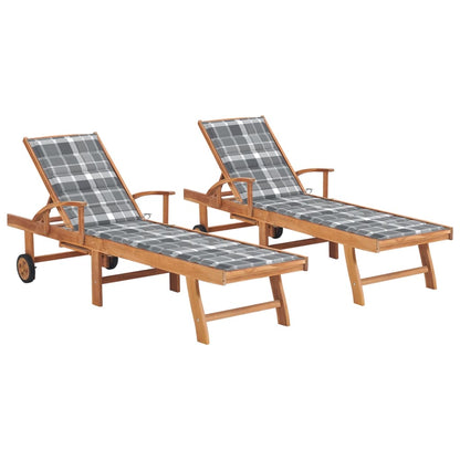 Sun loungers 2 pcs. cushions grey check pattern solid wood teak