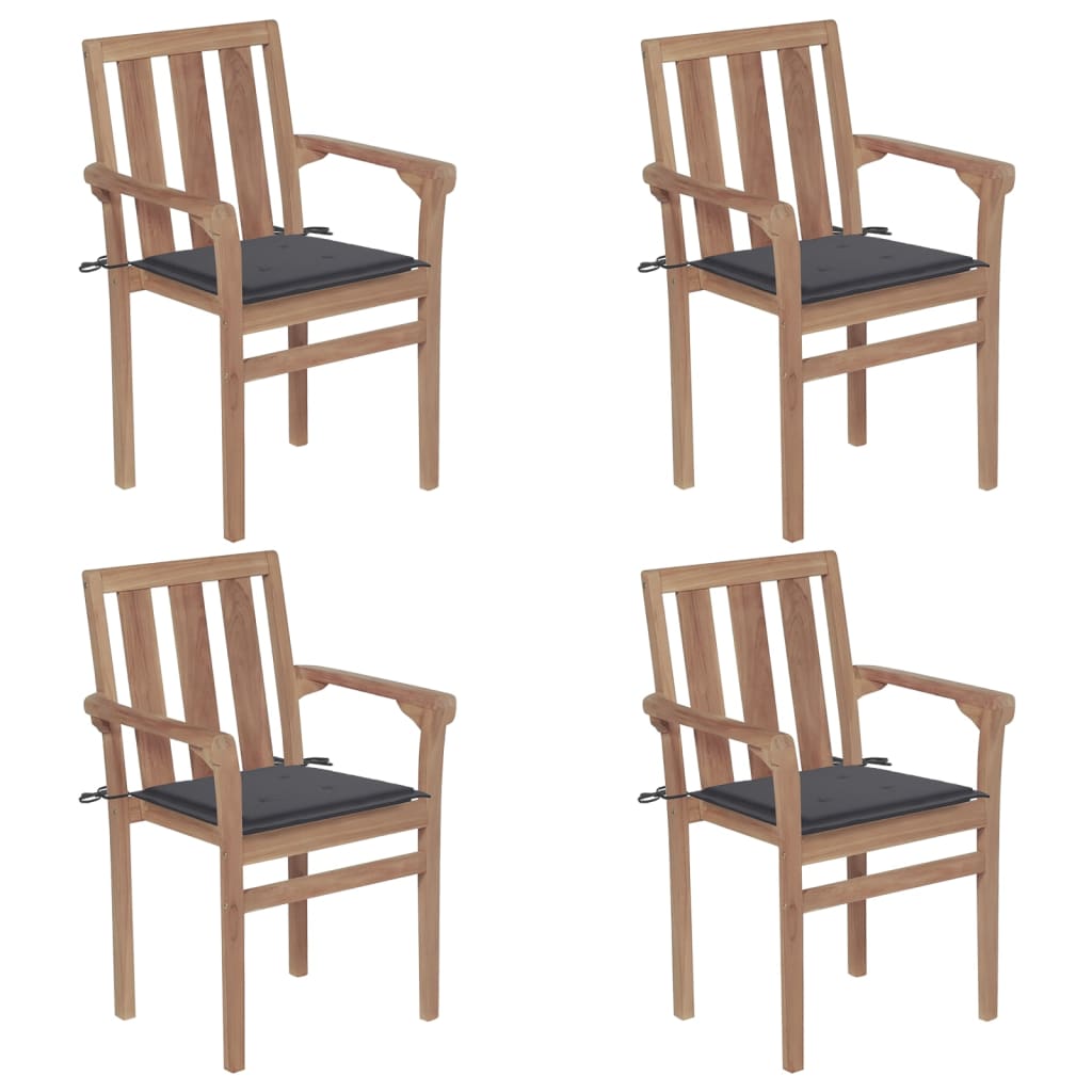 Stackable garden chairs with cushions 4 pcs. Solid teak wood