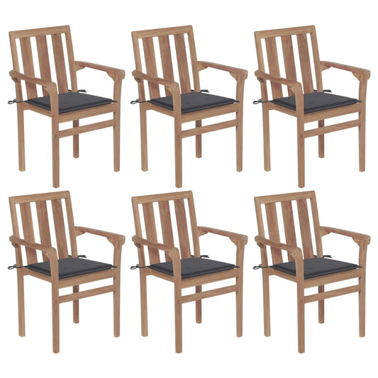 Stackable garden chairs with cushions 6 pcs. Solid teak wood