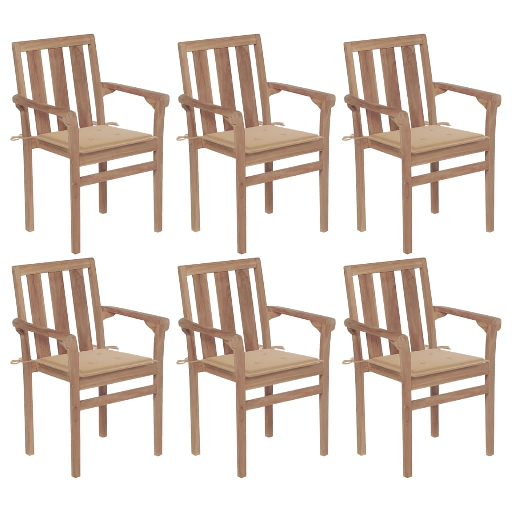 Stackable garden chairs with cushions 6 pcs. Solid teak wood