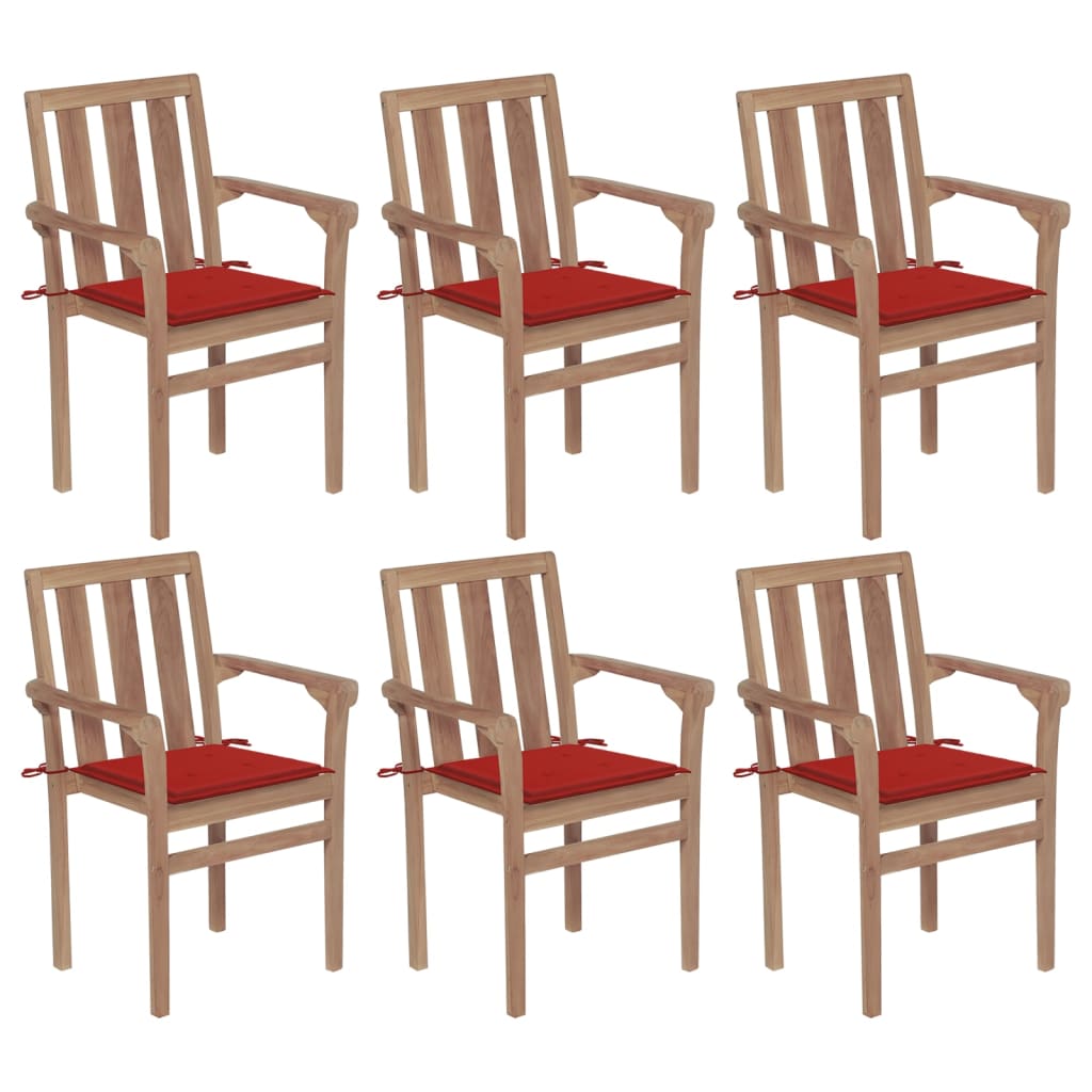 Stackable garden chairs with cushions 6 pcs. Solid teak wood