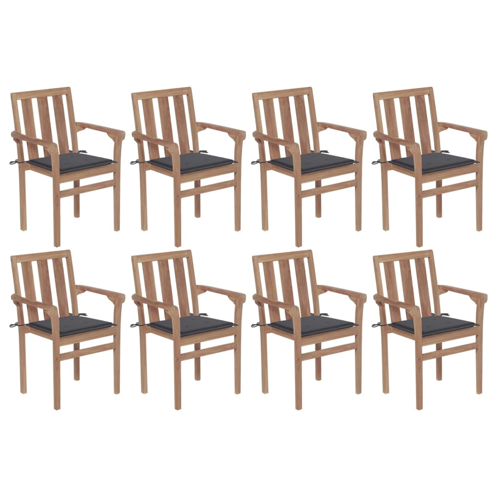 Stackable garden chairs with cushions 8 pcs. Solid teak wood