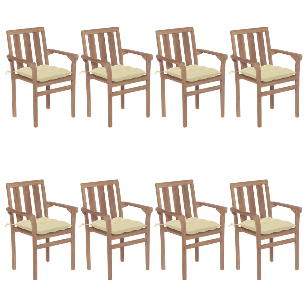 Stackable garden chairs with cushions 8 pcs. Solid teak wood