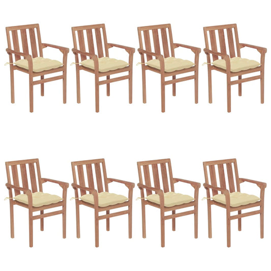 Stackable garden chairs with cushions 8 pcs. Solid teak wood