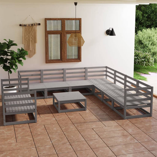 10-tlg. Garten-Lounge-Set Grau Kiefer Massivholz