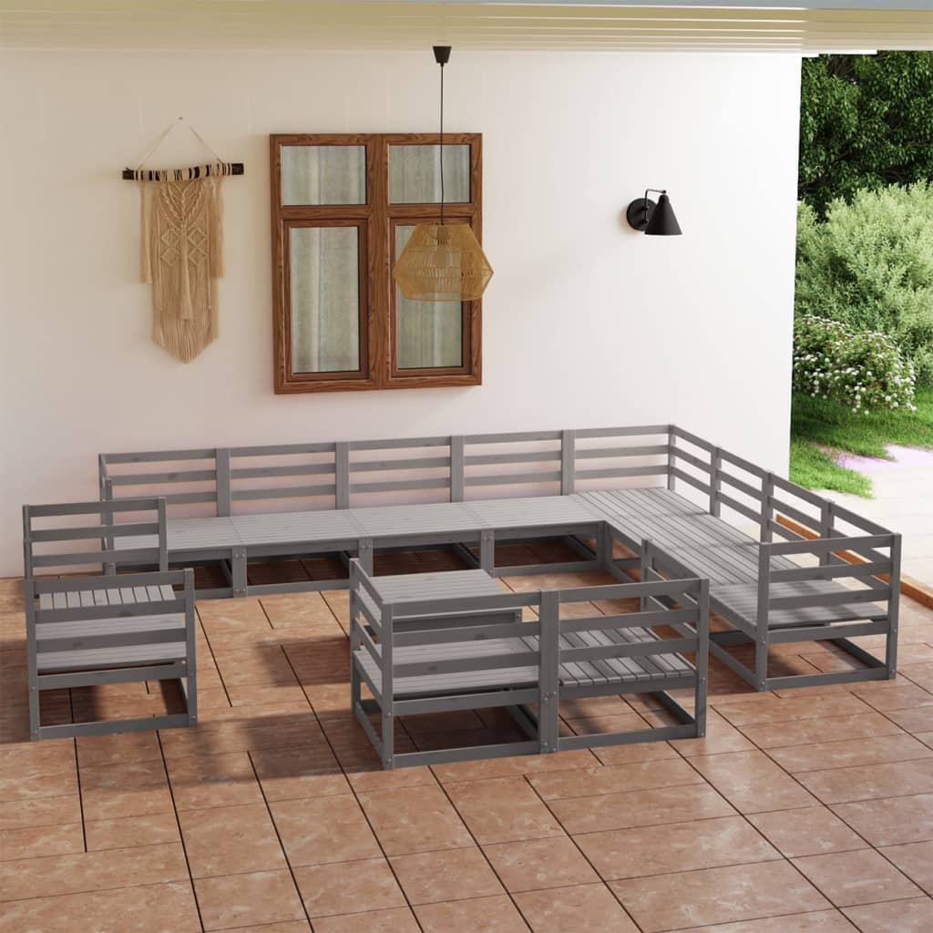 13-tlg. Garten-Lounge-Set Grau Kiefer Massivholz