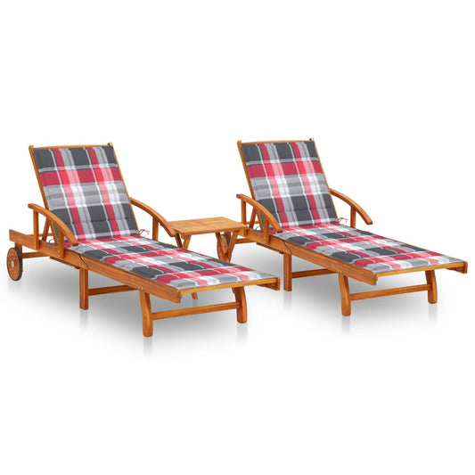 Sun loungers 2 pcs with table and cushions solid wood acacia