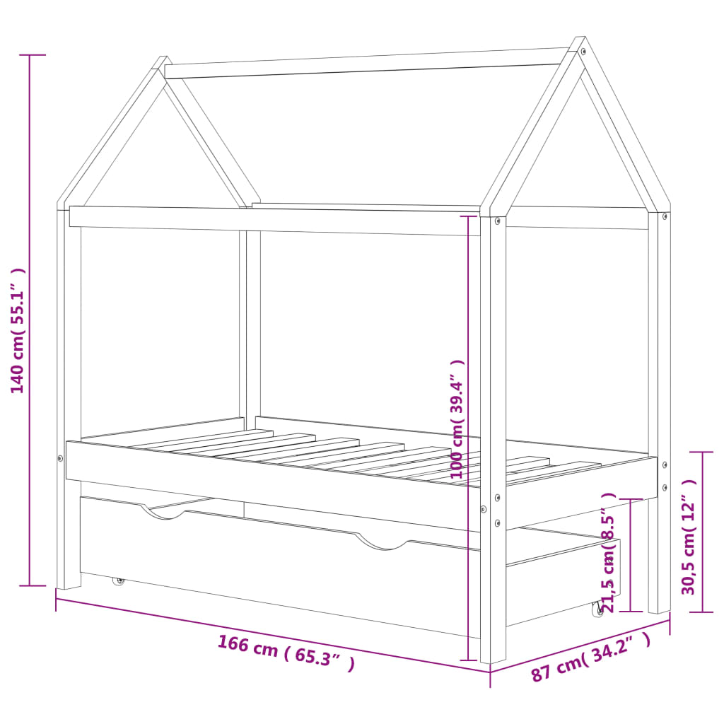 Children's bed with drawer solid pine 80x160 cm