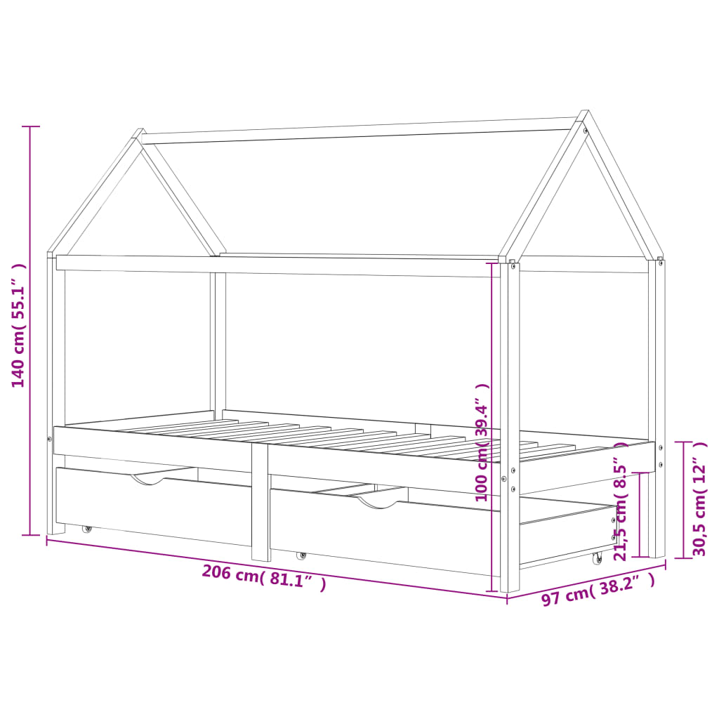 Children's bed with drawers solid pine 90x200 cm