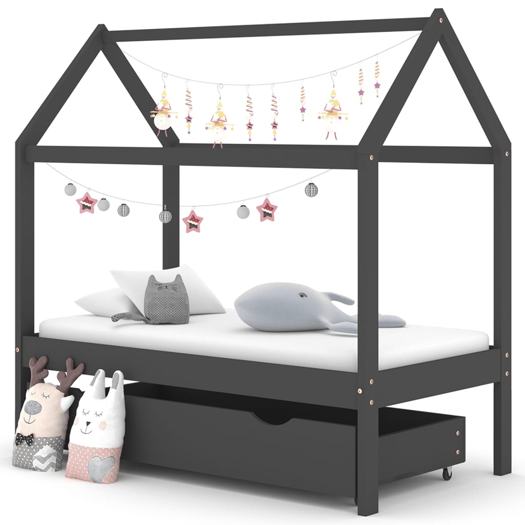 Children's bed with drawer dark grey solid pine 70x140 cm