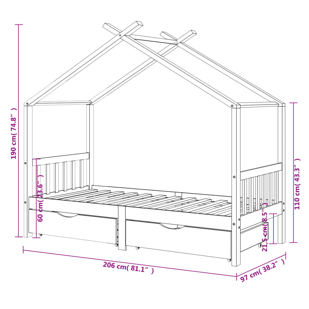 Children's bed with drawers white solid pine 90x200 cm